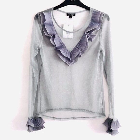 Topshop Blouse 6 NWT V Ruffle Swiss Dot Mesh Sheer Trendy Spring - Picture 3 of 13